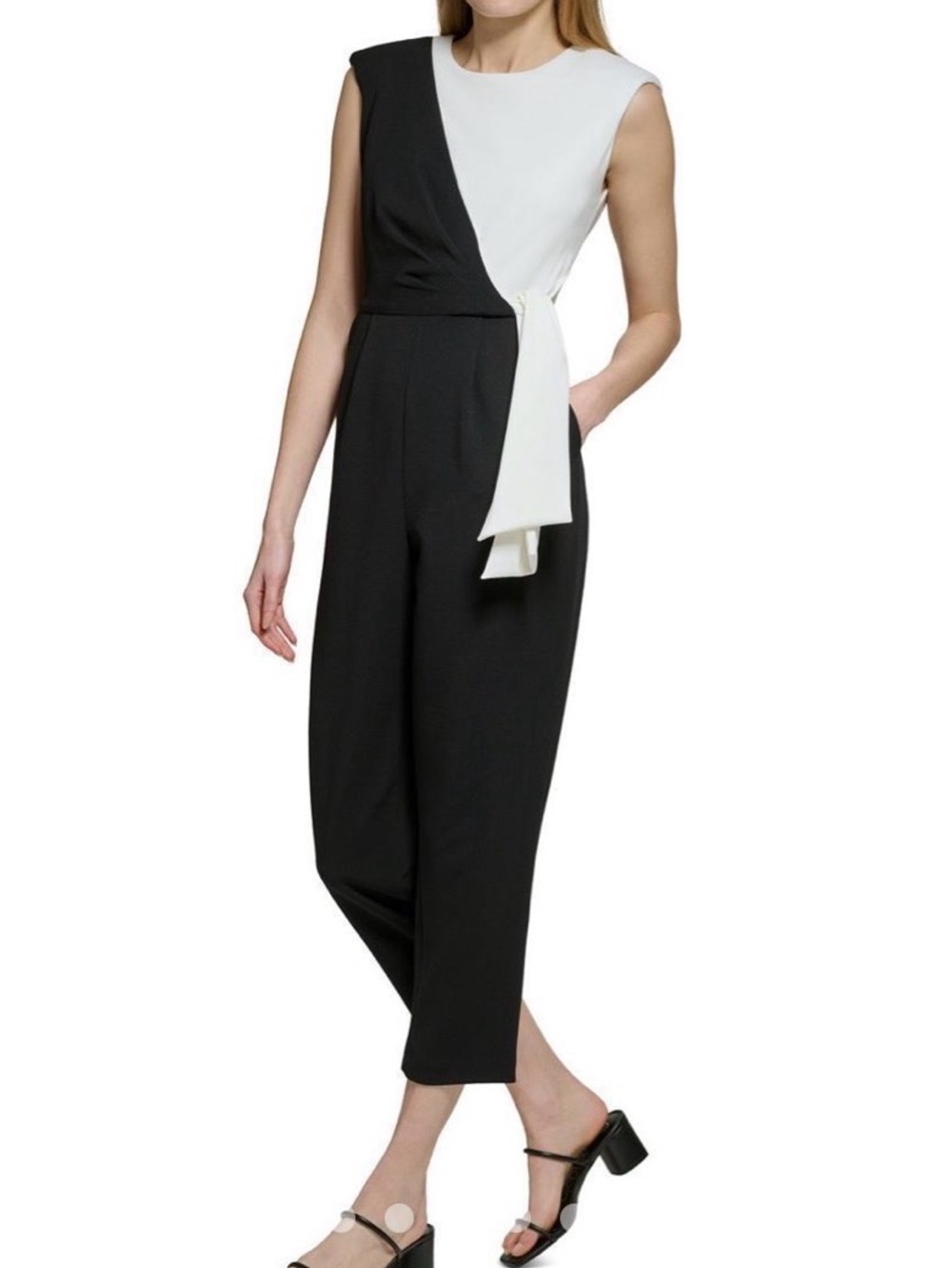 Calvin Klein Black & White Sleeveless Tie-Waist Jumpsuit